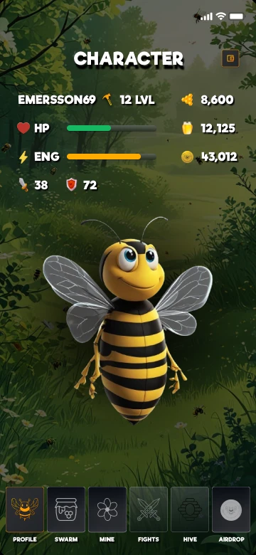 The character: level, health, energy, attack and defence