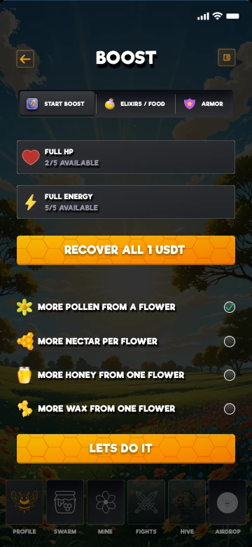Restoring health and energy, and permanent upgrades to the harvest