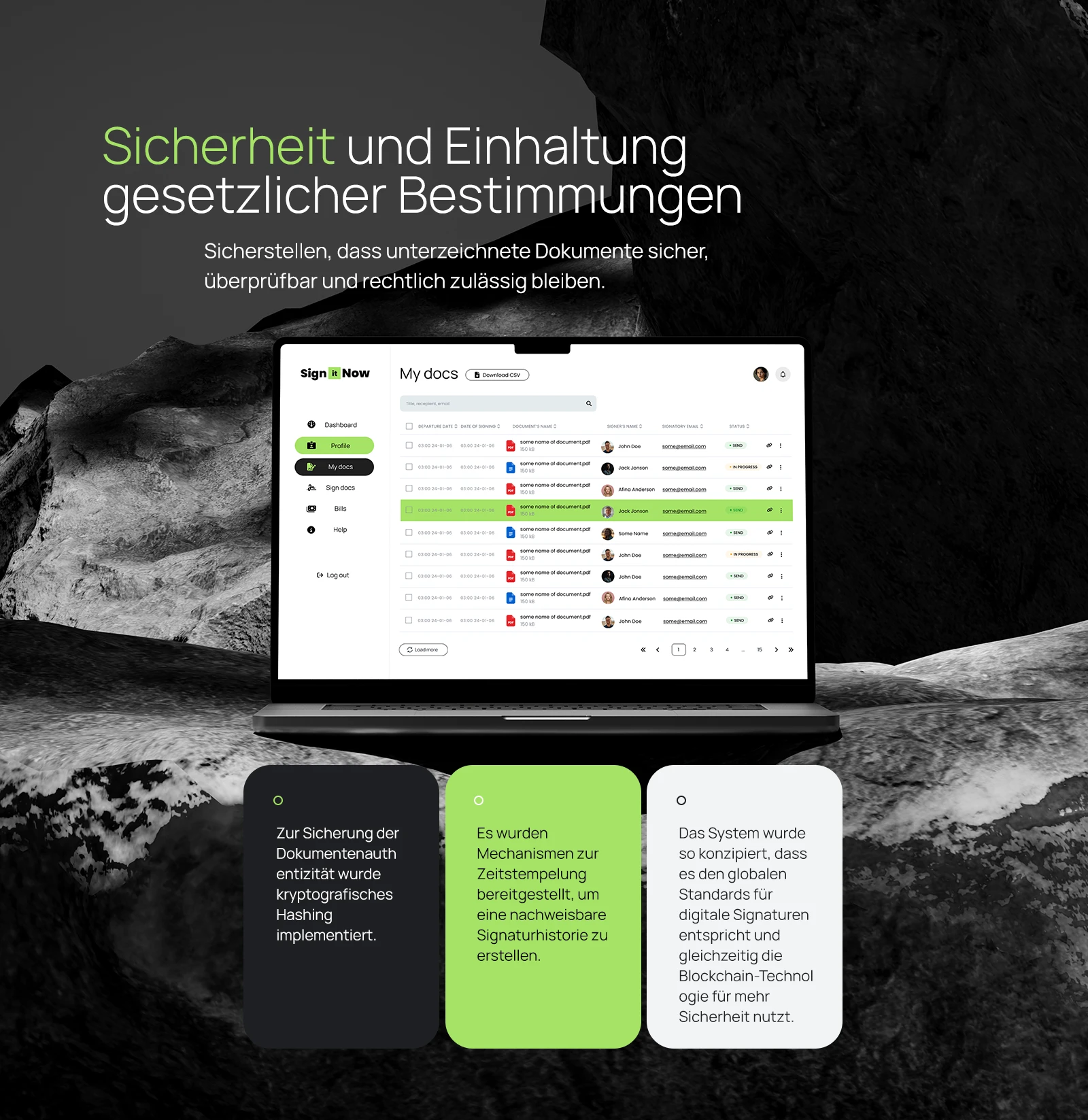 Sicherheit und Rechtskonformität: Liste der Dokumente mit Unterschriftsstatus