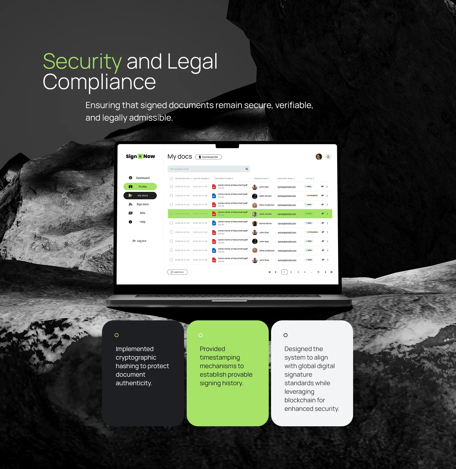 Security and legal compliance: a list of documents with signing statuses