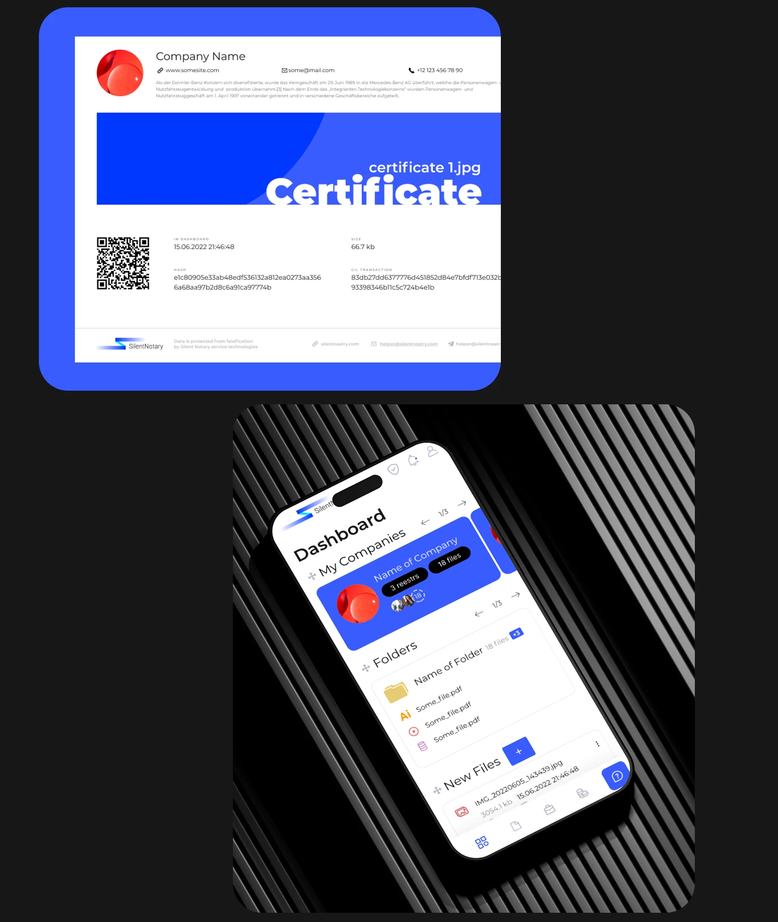 Zertifikat mit Firmenlogo, Hash und QR-Code sowie die mobile Version des Dienstes