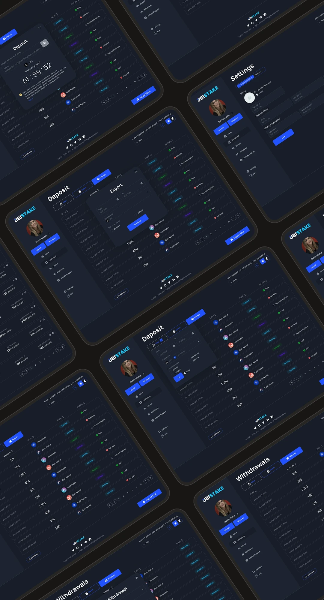 Service screens: deposit, withdrawal, settings and operation exports