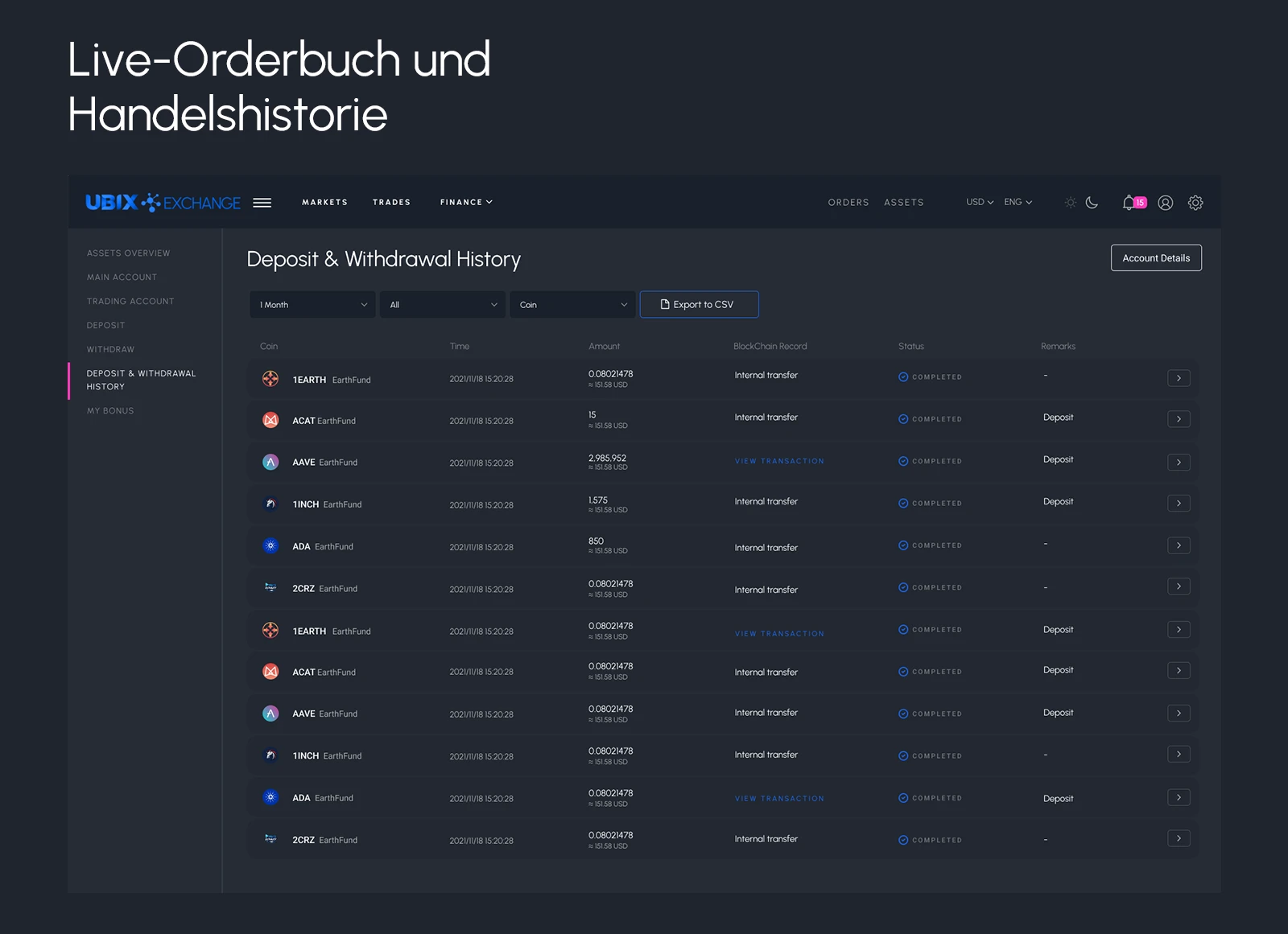 Verlauf von Ein- und Auszahlungen mit Export nach CSV