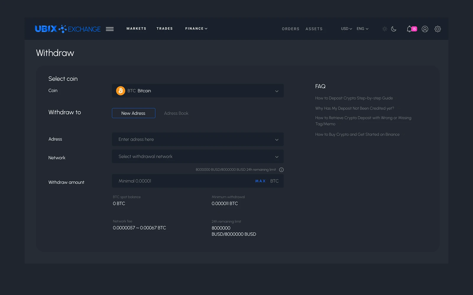 Withdrawal: choosing the coin and network, with fees and answers next to the form