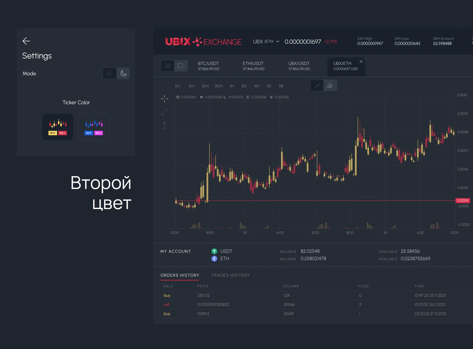 Настройки: светлая и тёмная темы, свой цвет свечей