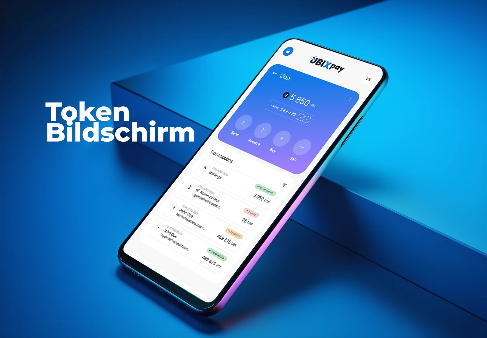 Token-Ansicht: Guthaben, Vorgänge und Transaktionsverlauf mit Status