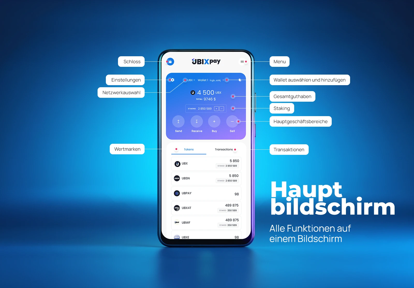 Hauptbildschirm: Token-Guthaben, Staking, Senden, Empfangen, Kaufen und Verkaufen