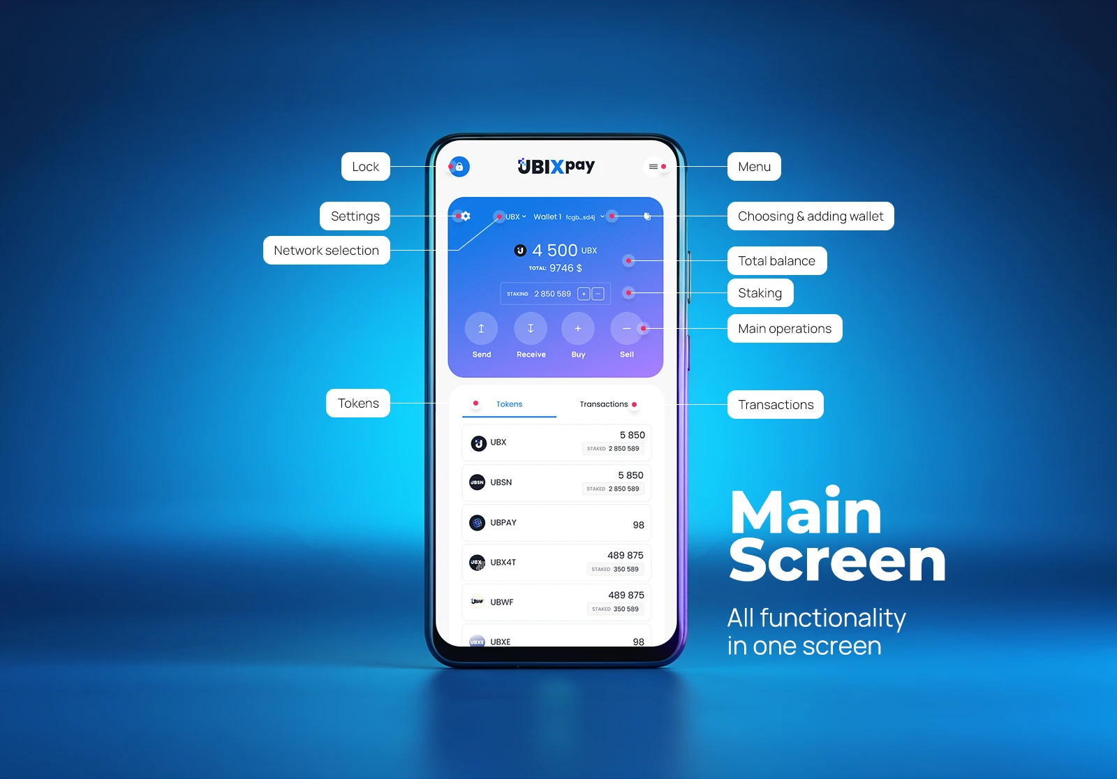 Main screen: token balances, staking, send, receive, buy and sell