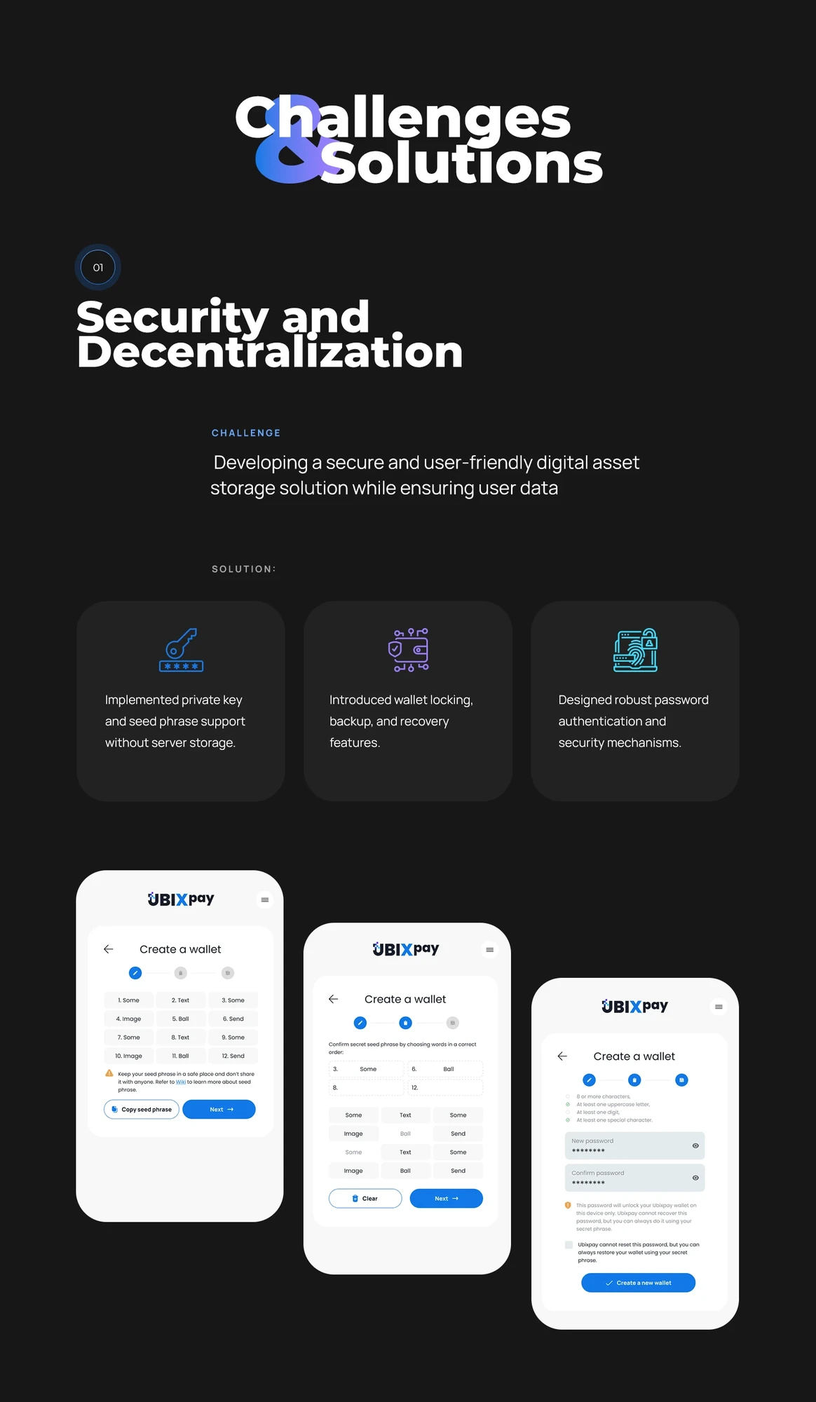 Security: seed phrase and password, with no server-side key storage