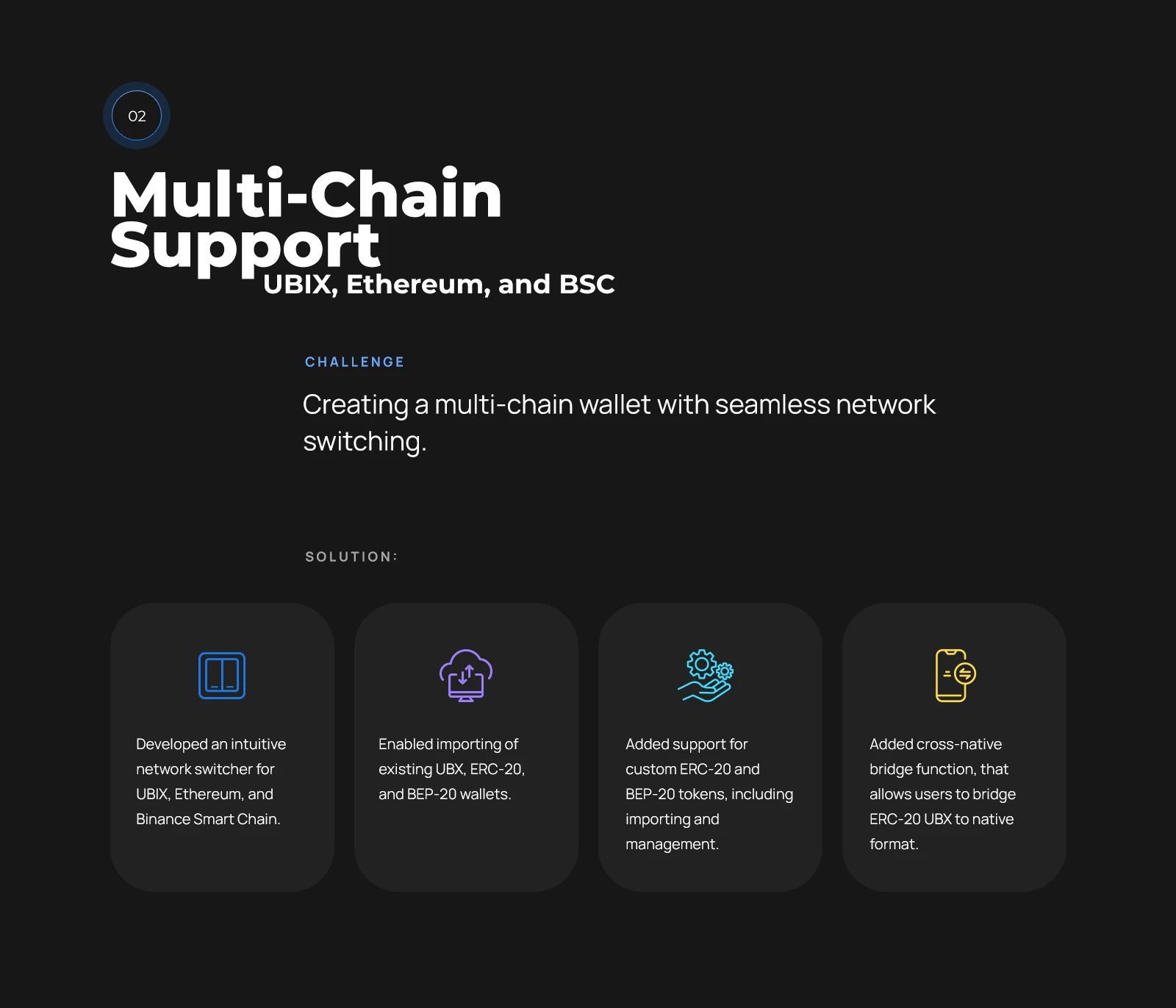 Multi-network support: Ubix.Network, Ethereum and BSC, ERC-20 and BEP-20 import